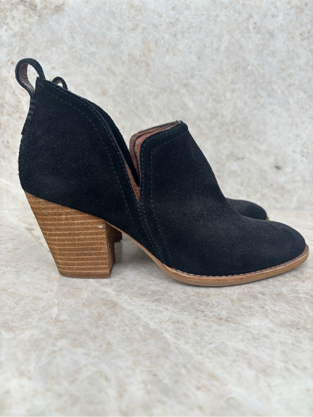 Jeffrey Campbell Black Suede Cutout Ankle Boots with Stacked Heel